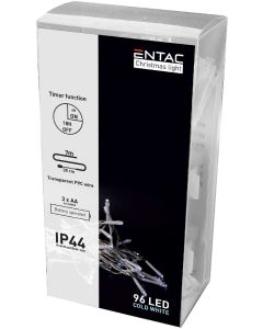 KARÁCSONYI FÉNYSOR, ENTAC IP44 FŰZÉR, 96 LED IDŐZÍTŐVEL, CW 7M (3AA), FEHÉR