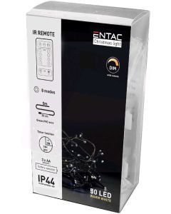 KARÁCSONYI FÉNYSOR, ENTAC KÜL ÉS BELTÉRI FÜZÉR, IP44 50 LED 5M, TÁVIRÁNYÍTÓVAL, MELEG FEHÉR