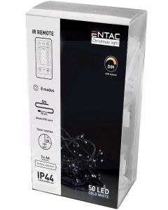 KARÁCSONYI FÉNYSOR, ENTAC KÜL ÉS BELTÉRI FÜZÉR, IP44 50 LED 5M, TÁVIRÁNYÍTÓVAL, HIDEG FEHÉR