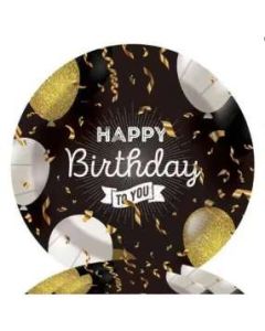 PARTI PAPÍRTÁNYÉR, 23 CM, 10DB/CSOM, HAPPY BRITHDAY ARANY/EZÜST