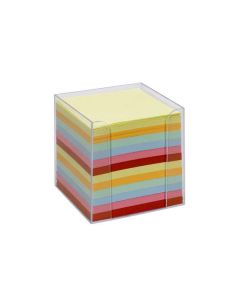 JEGYZETTÖMB, ÁTLÁTSZÓ MŰANYAGBAN, 700 LAP, 9,5X9,5 X9,5 CM, SZÍNES