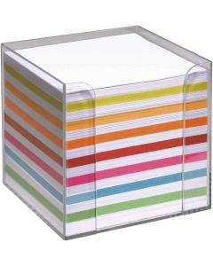 JEGYZETTÖMB, ÁTLÁTSZÓ MŰANYAGBAN, 700 LAP, 9,5X9,5 X9,5 CM, SZÍNES/ SZÍNES