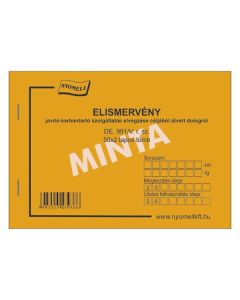D.E.991/V ÁTVÉTELI ELISMERVÉNY (JÓTÁLLÁSHOZ), 50X2 LAPOS FEKVŐ, A/6