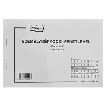 D.GÉPJÁRMŰ 36/5 SZEMÉLYGÉPKOCSI MENETLEVÉL, FEKVŐ 100 LAPOS, A/5